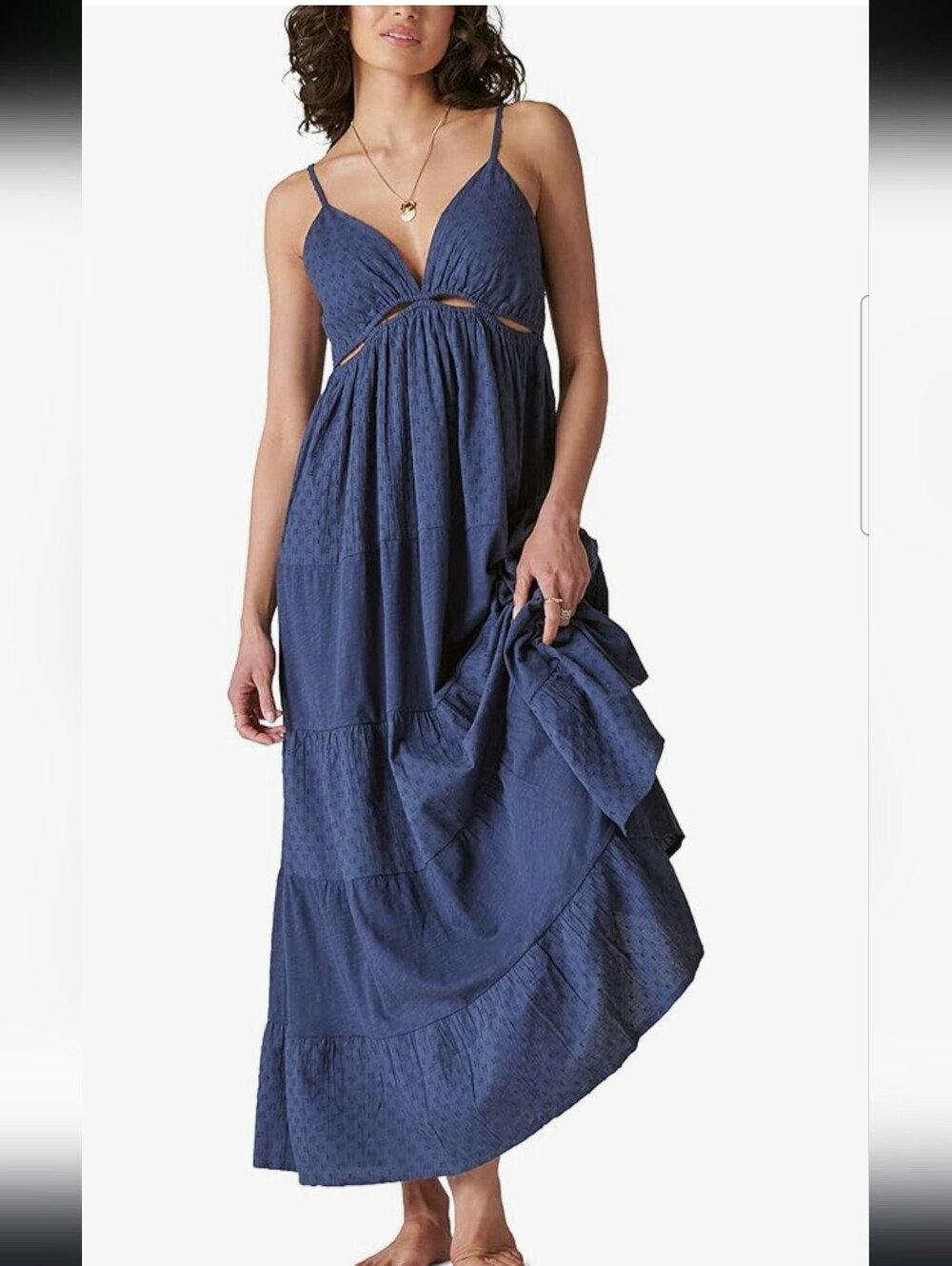 Lucky Brand Coastal Beachy Tiered Maxi Navy Cotton Gingham Strappy Cut Out Sz M